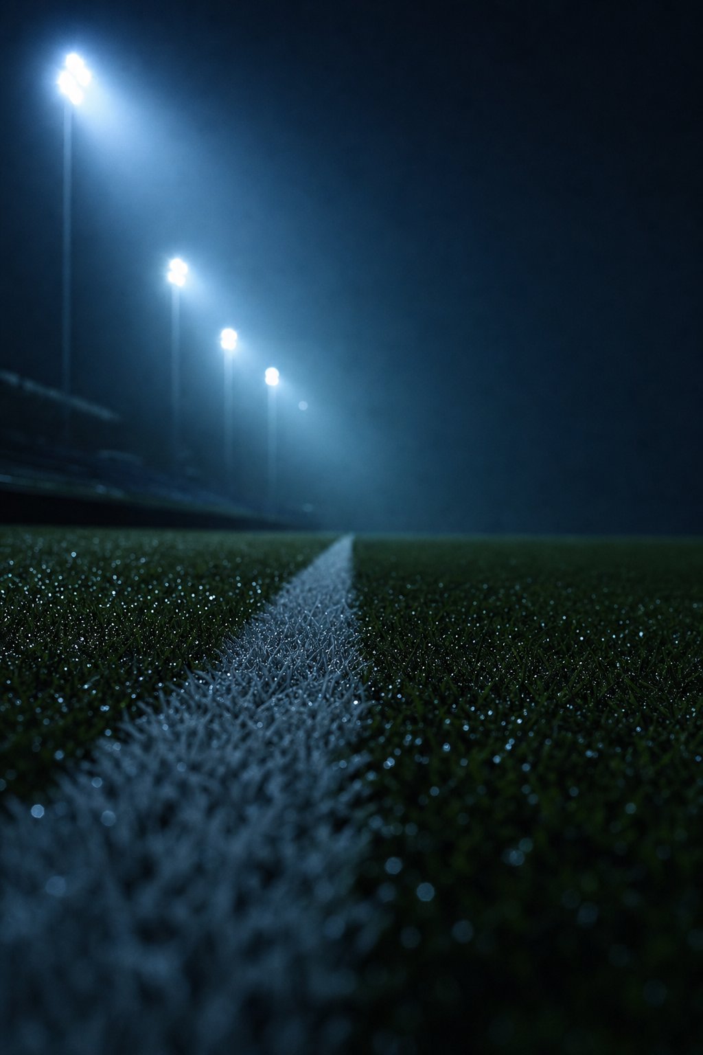 Die linke Seitenlinie eines leeren Fußballplatzes bei Nacht im Flutlicht